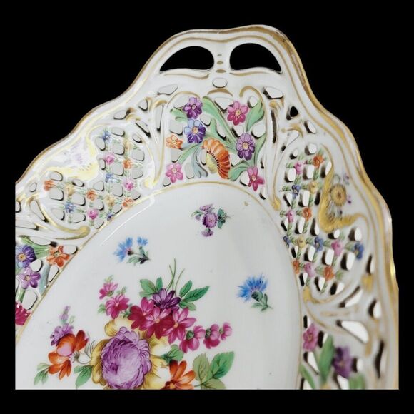 Dresden Schumann Bavaria Candy Fruit Footed Pedestal Oval Floral Bowl Compote - Picture 11 of 16